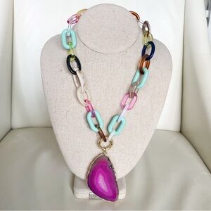 Multicolor Acrylic Chain Necklace with Pink Pendant